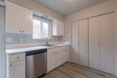 a kitchen with white cabinets and a silver dishwasher
